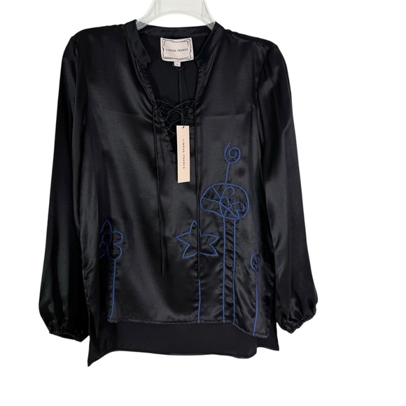 NWT Lingua Franca Embroidered Hudson 100% Silk Long Sleeve Popover Black Size S - Picture 5 of 16